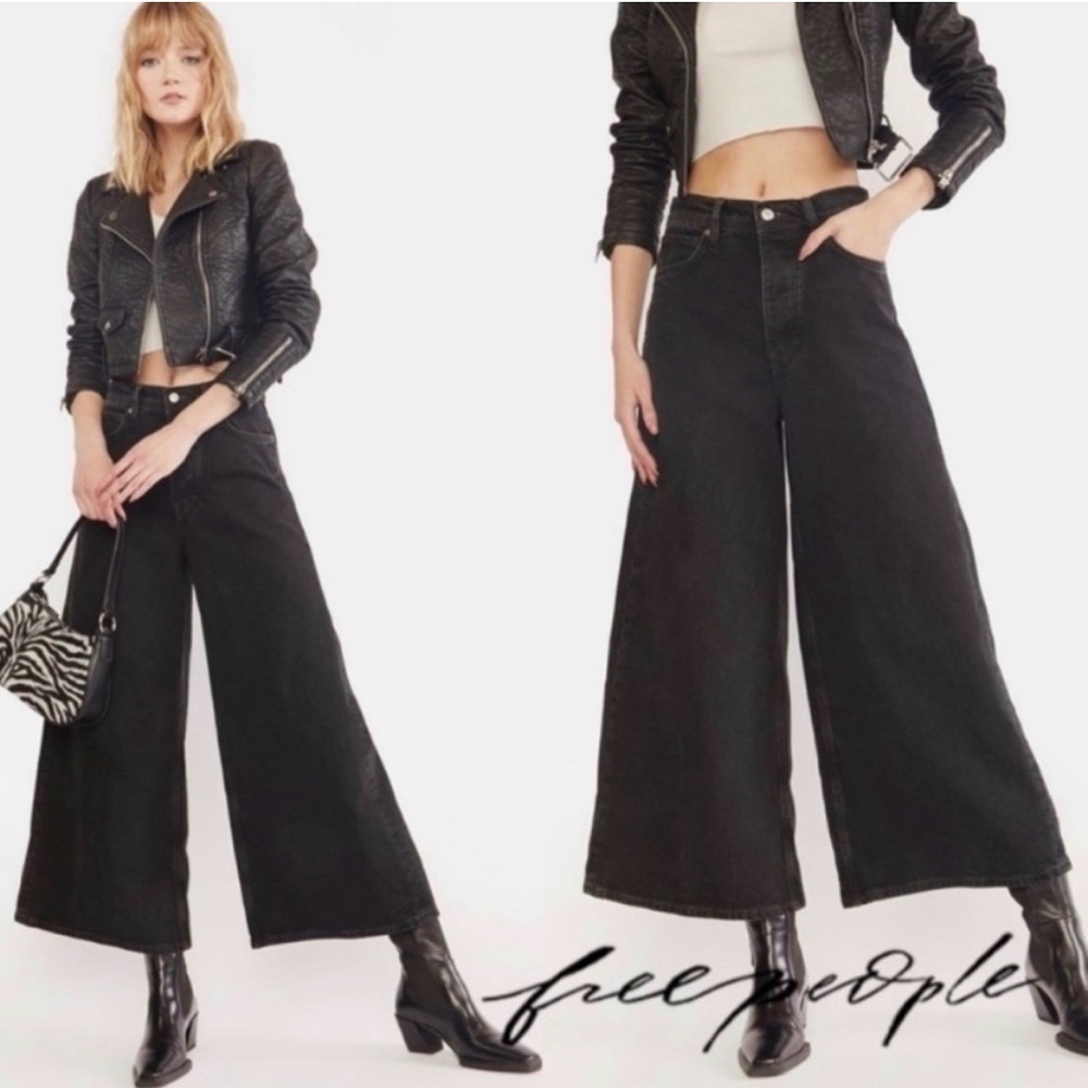 Free People We The Free Black Landry Wide Leg Cropped Jeans High Waisted Size 24